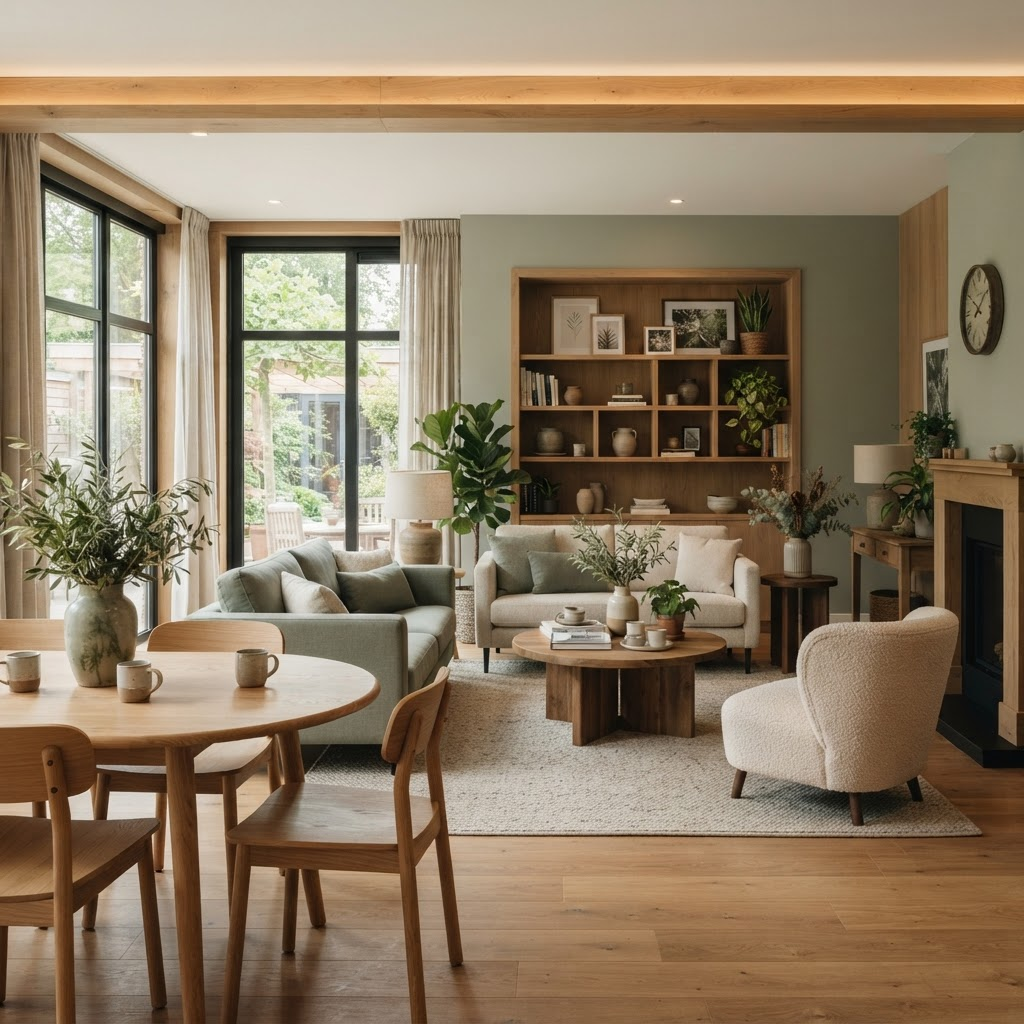 Warme, huiselijke gemeenschappelijke woonruimte met hout en planten